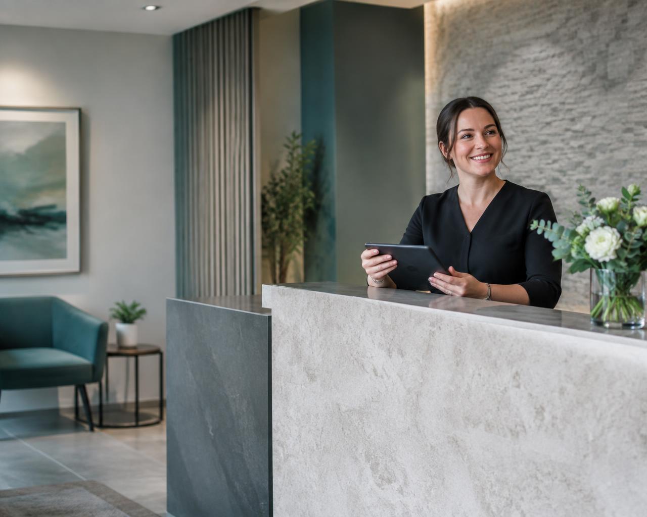 Practice manager at a calm reception desk